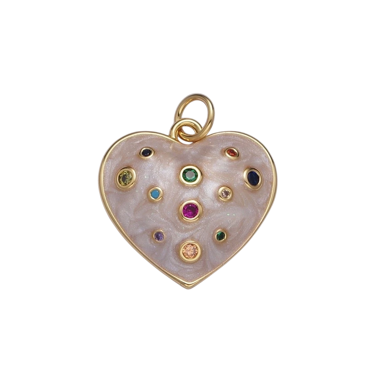 Multicolor Cubic Zirconia White Enamel Heart Love Gold Charm