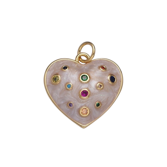 Multicolor Cubic Zirconia White Enamel Heart Love Gold Charm