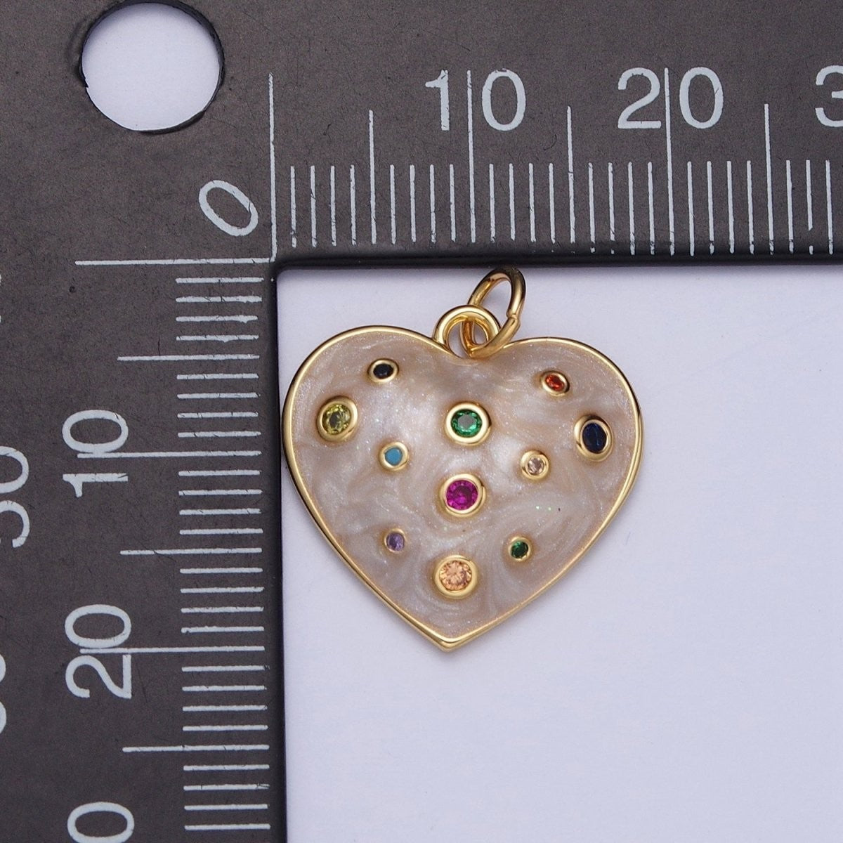 Multicolor Cubic Zirconia White Enamel Heart Love Gold Charm