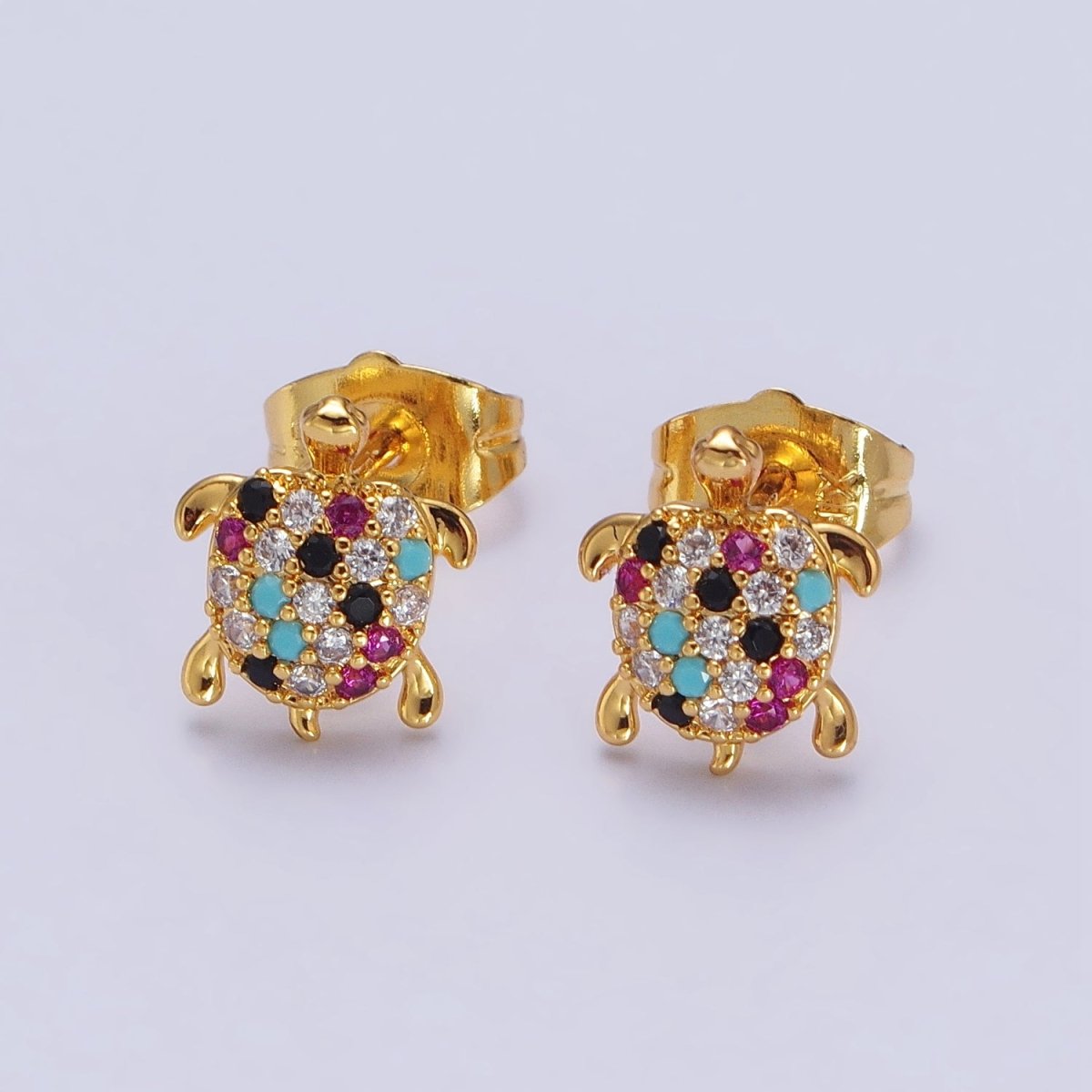 Multicolor CZ Micro Pave Turtle Sea Tortoise Gold Stud Earrings
