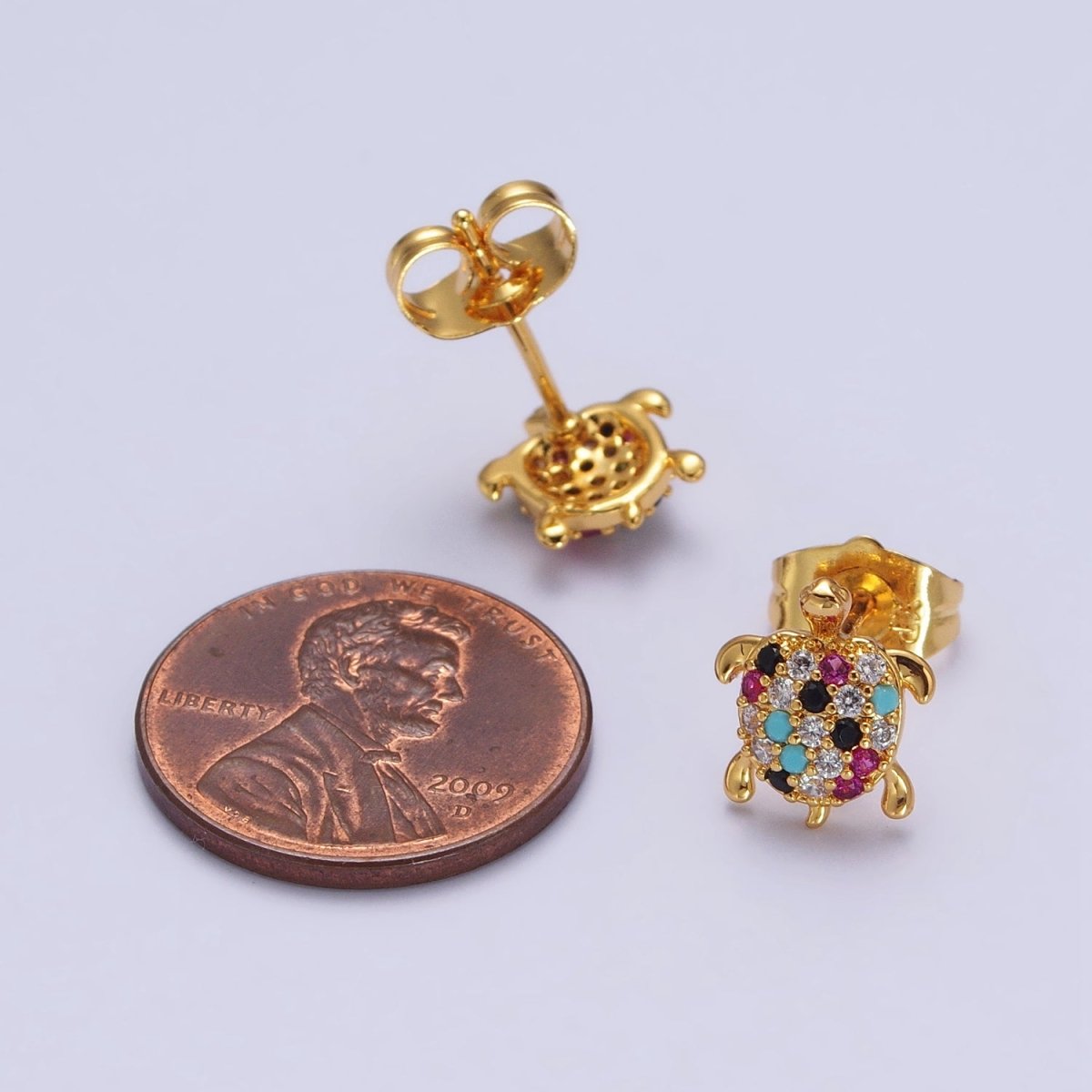 Multicolor CZ Micro Pave Turtle Sea Tortoise Gold Stud Earrings