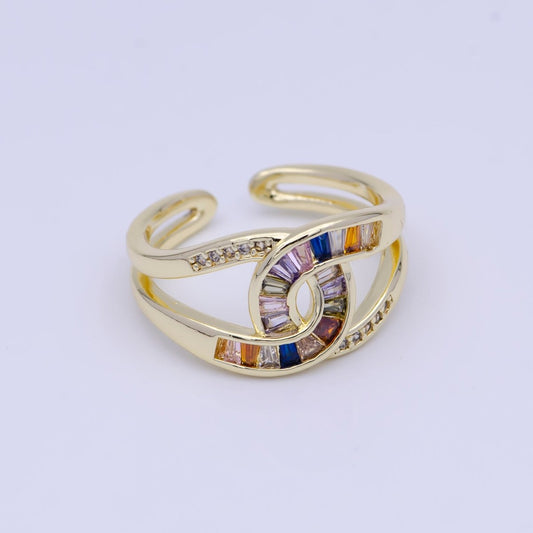 Beautiful Multicolor, Green or Clear Baguette Micro Pave Gold-Filled Knot Double Band Gold Ring