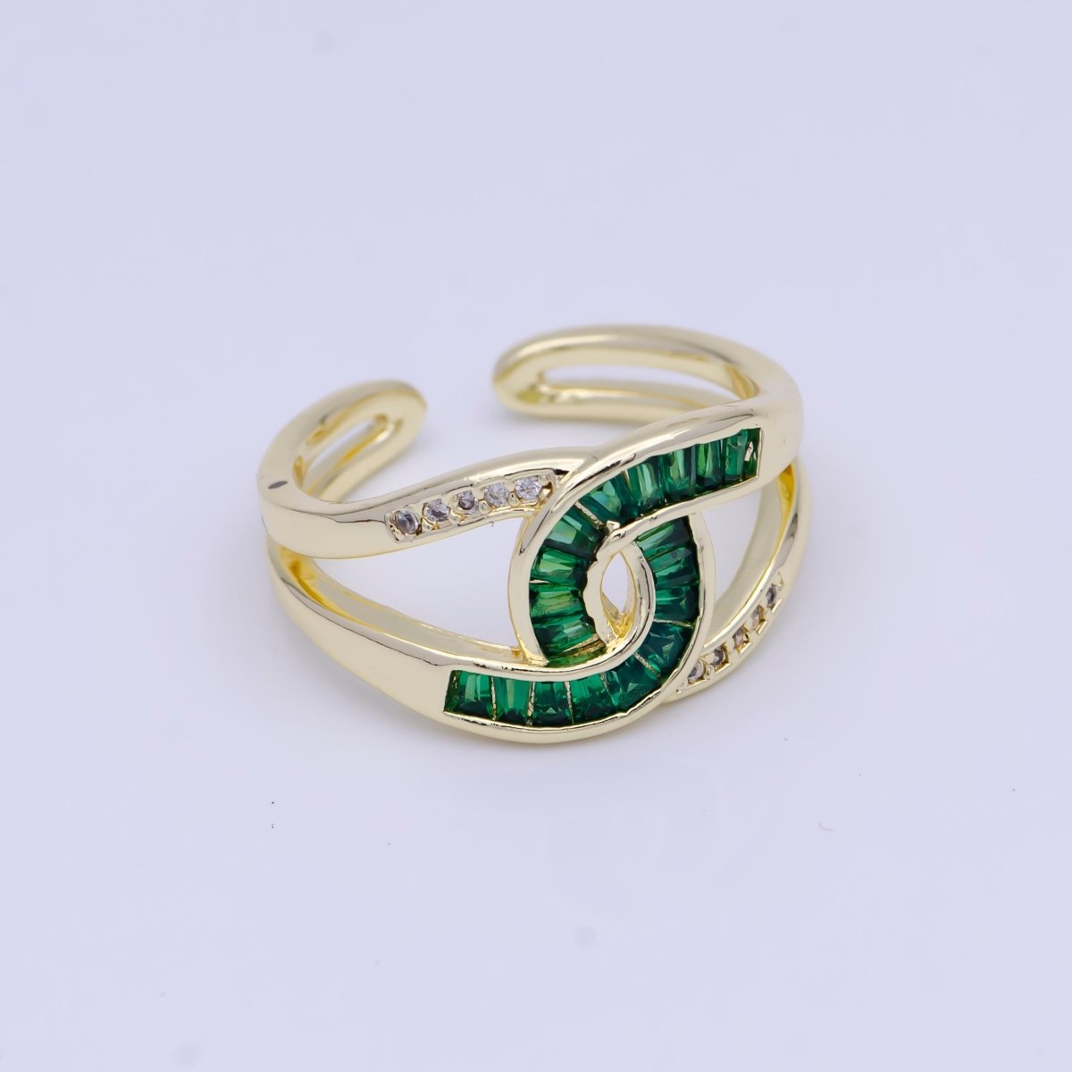 Beautiful Multicolor, Green or Clear Baguette Micro Pave Gold-Filled Knot Double Band Gold Ring