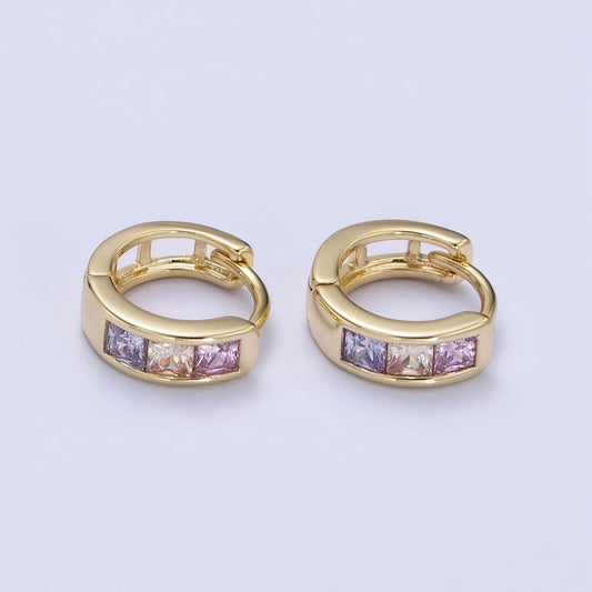 Multicolor Pastel Square CZ Gold Huggie Earrings