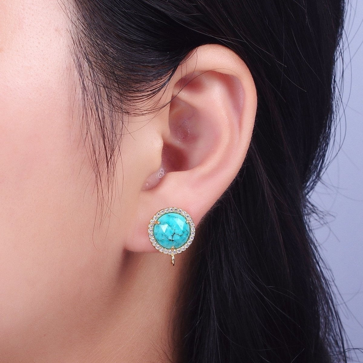 Multifaceted Round CZ Micro Pave Natural Stone Open Loop Stud Finding