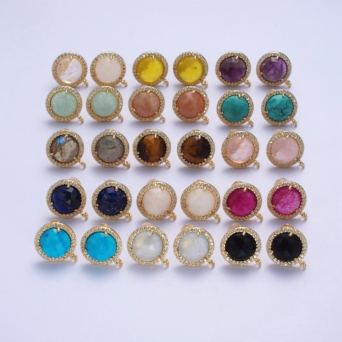 Multifaceted Round CZ Micro Pave Natural Stone Open Loop Stud Finding
