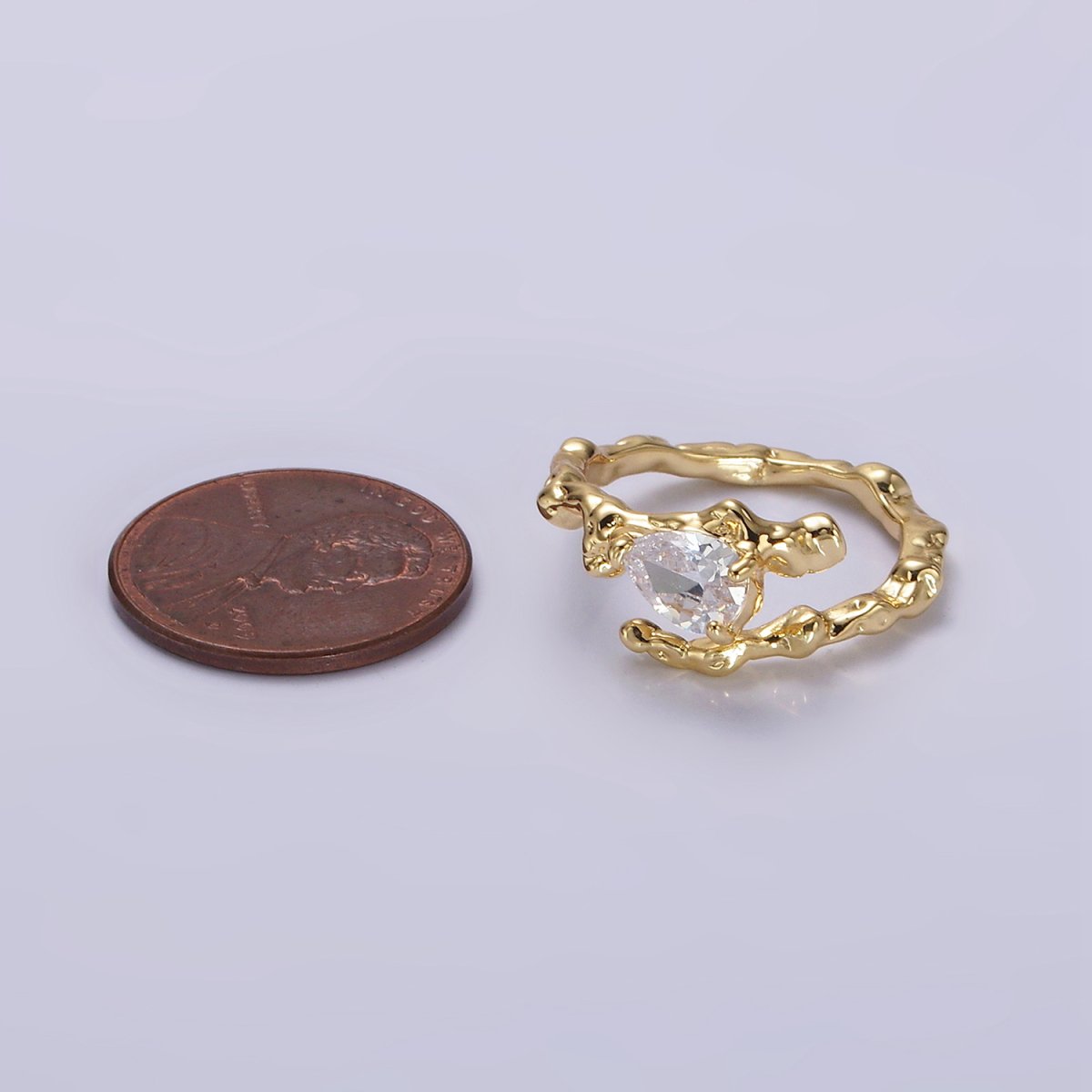Beautiful 14K Gold Filled Clear CZ Teardrop Molten Drip Open Ring