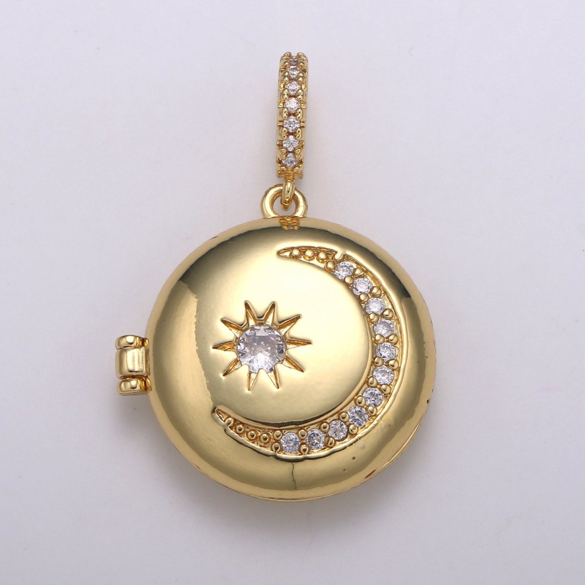14K Gold-Filled 33mm Celestial Crescent Moon Locket Starry Night Locket Pendant Moon Star CZ