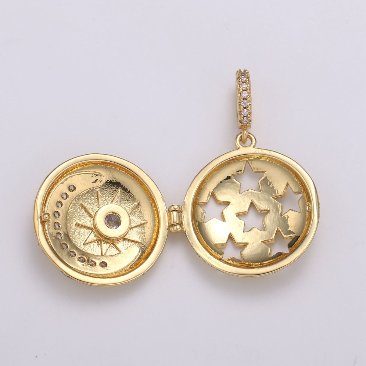 14K Gold-Filled 33mm Celestial Crescent Moon Locket Starry Night Locket Pendant Moon Star CZ