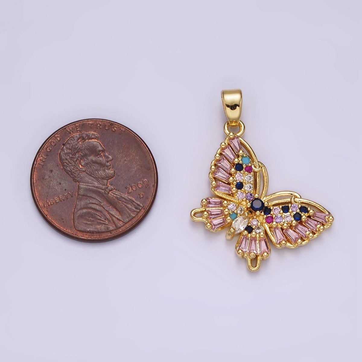 14K Gold-Filled 27mm Multicolor CZ Pink Baguette Butterfly Wings Pendant