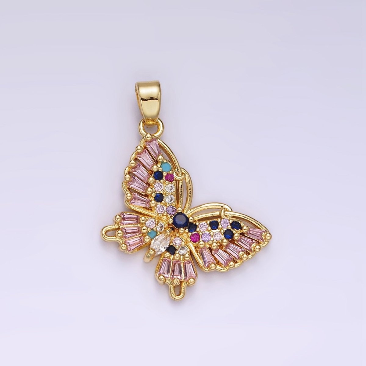 14K Gold-Filled 27mm Multicolor CZ Pink Baguette Butterfly Wings Pendant