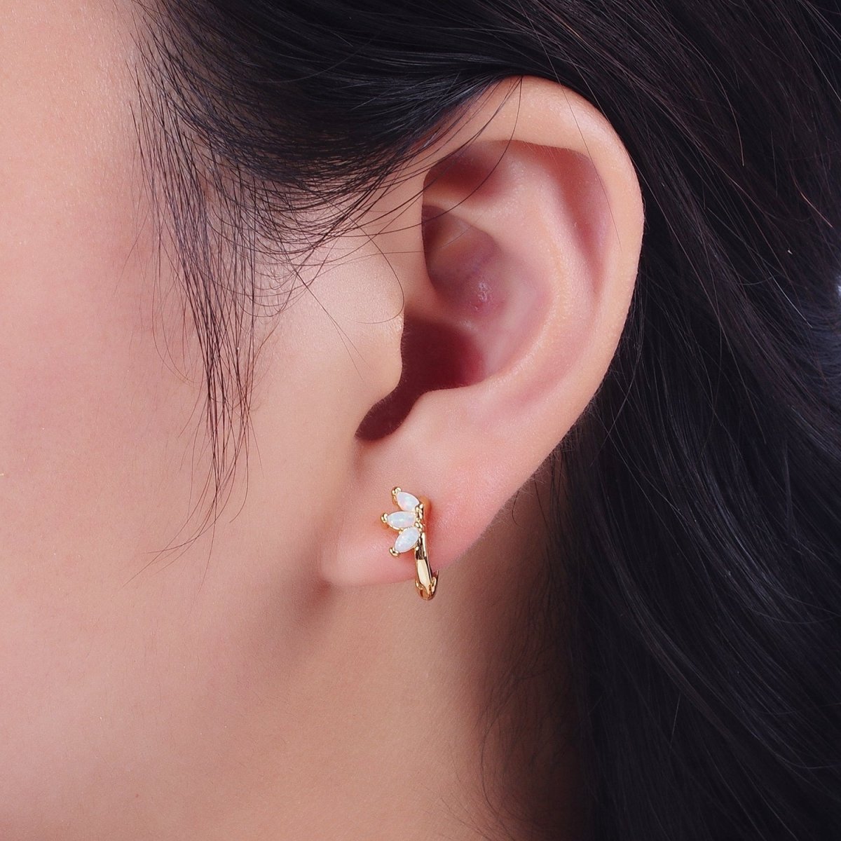 Minimalist 14K Gold Filled White Opal Triple Marquise Huggie Hoop Earrings