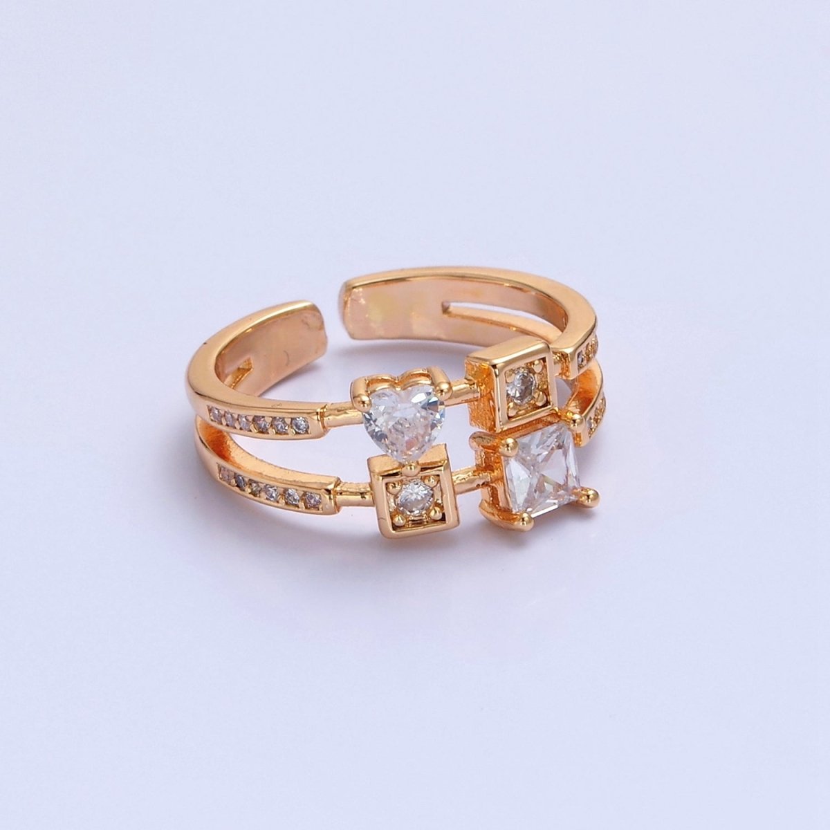 Pink Square Heart Ring Double Band Gold Band Ring