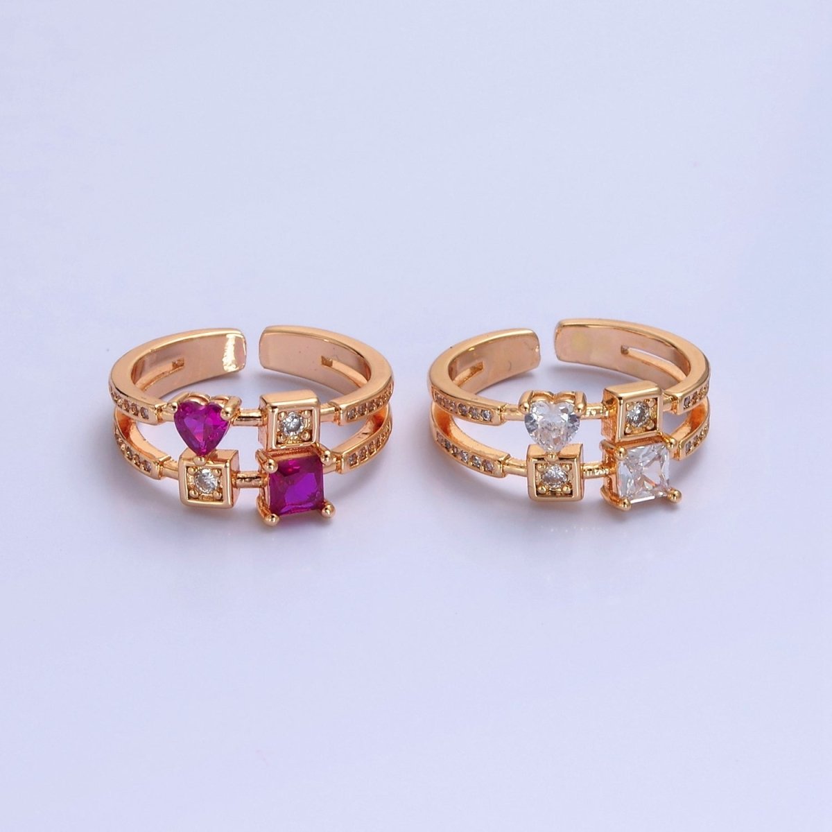 Pink Square Heart Ring Double Band Gold Band Ring