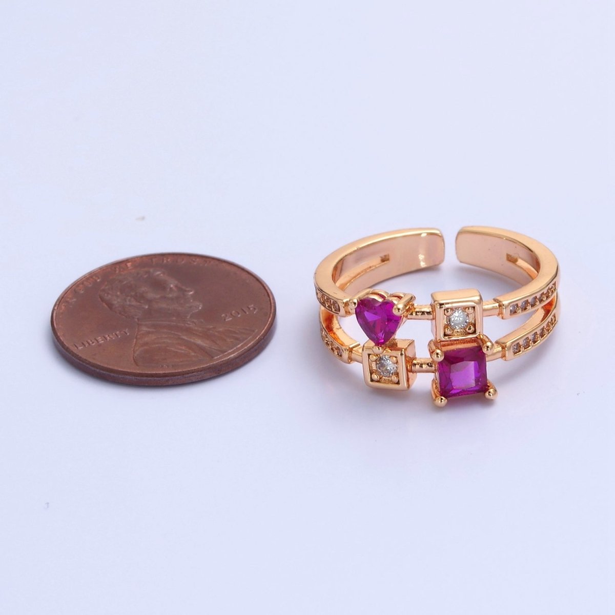 Pink Square Heart Ring Double Band Gold Band Ring