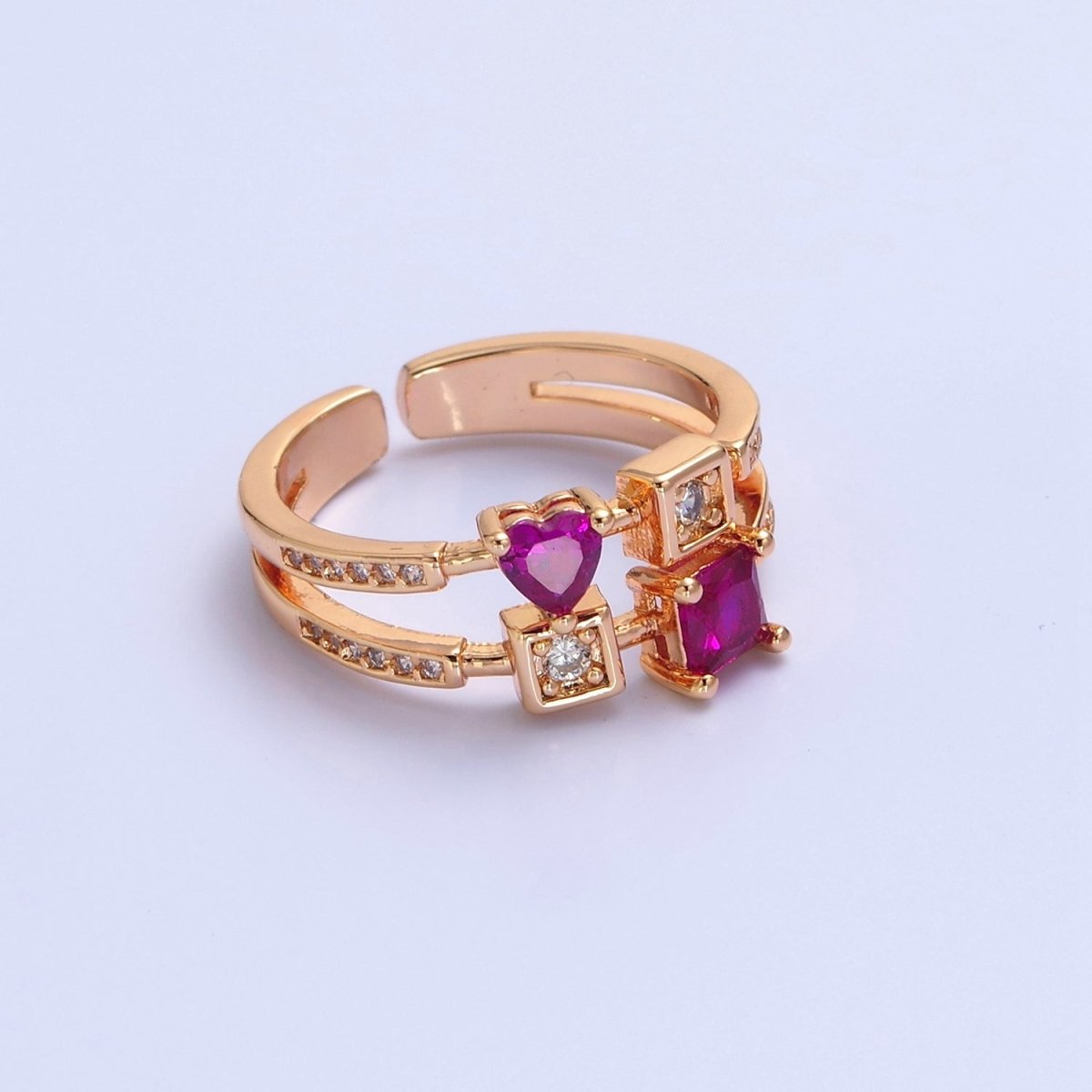 Pink Square Heart Ring Double Band Gold Band Ring
