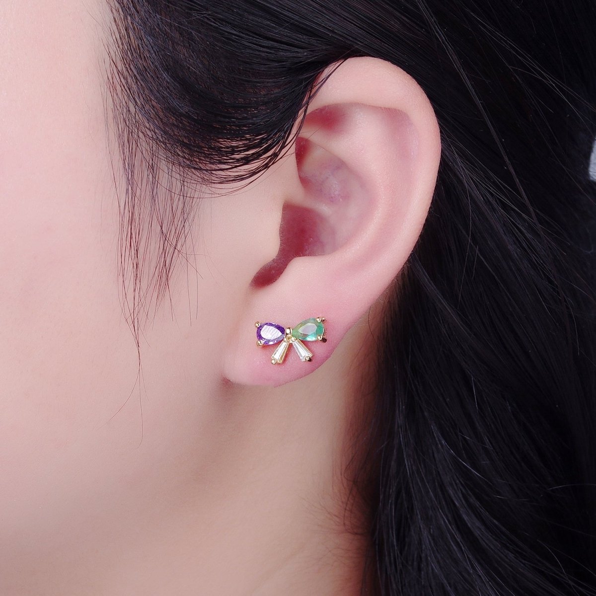 Dainty Purple Green CZ Bow Stud Earring Gold Ribbon Earrings