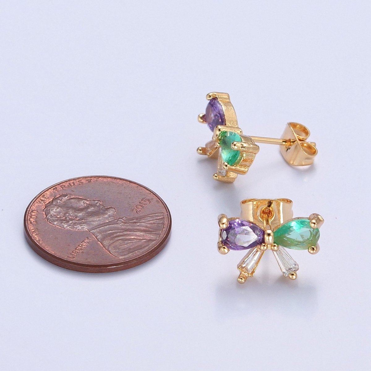 Dainty Purple Green CZ Bow Stud Earring Gold Ribbon Earrings