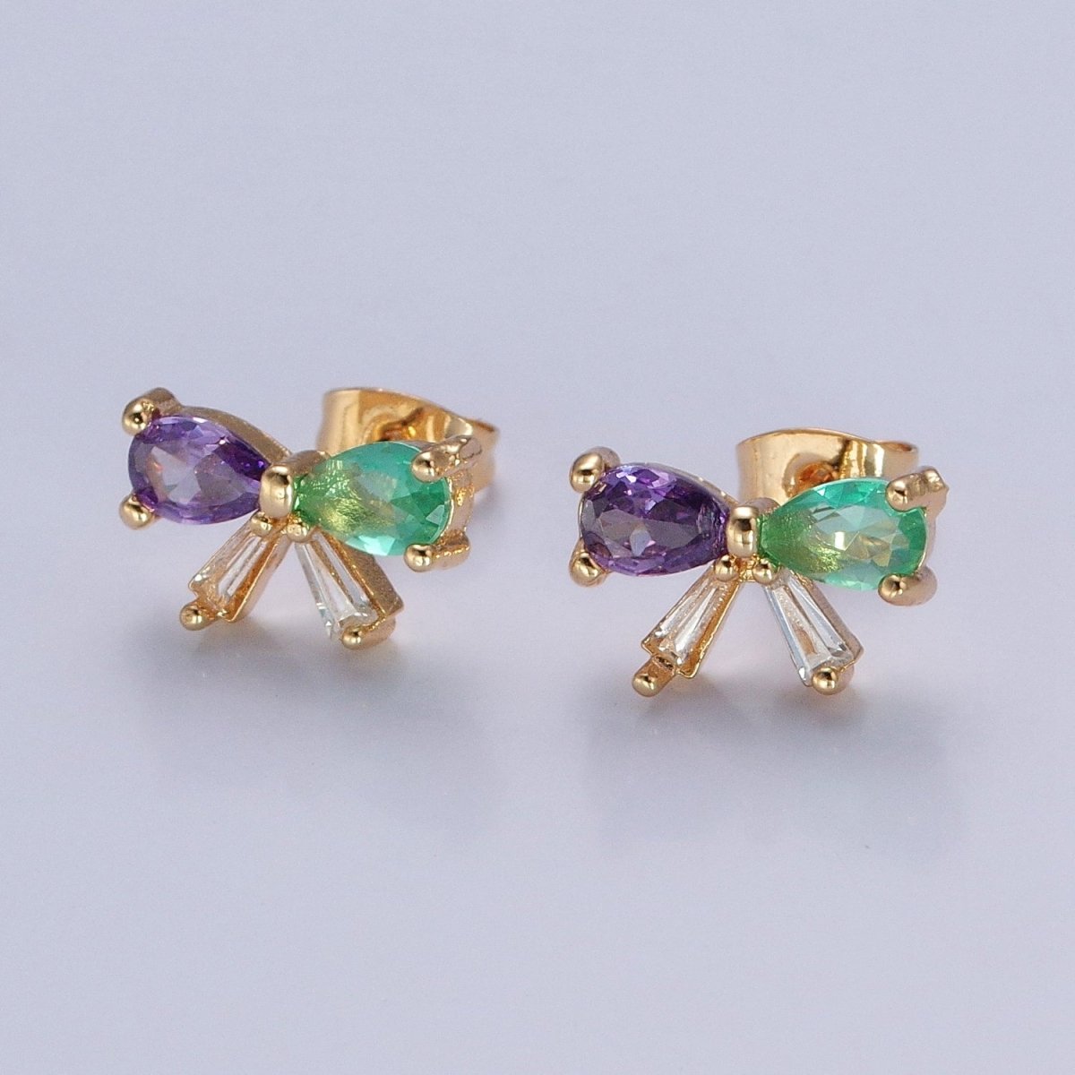 Dainty Purple Green CZ Bow Stud Earring Gold Ribbon Earrings