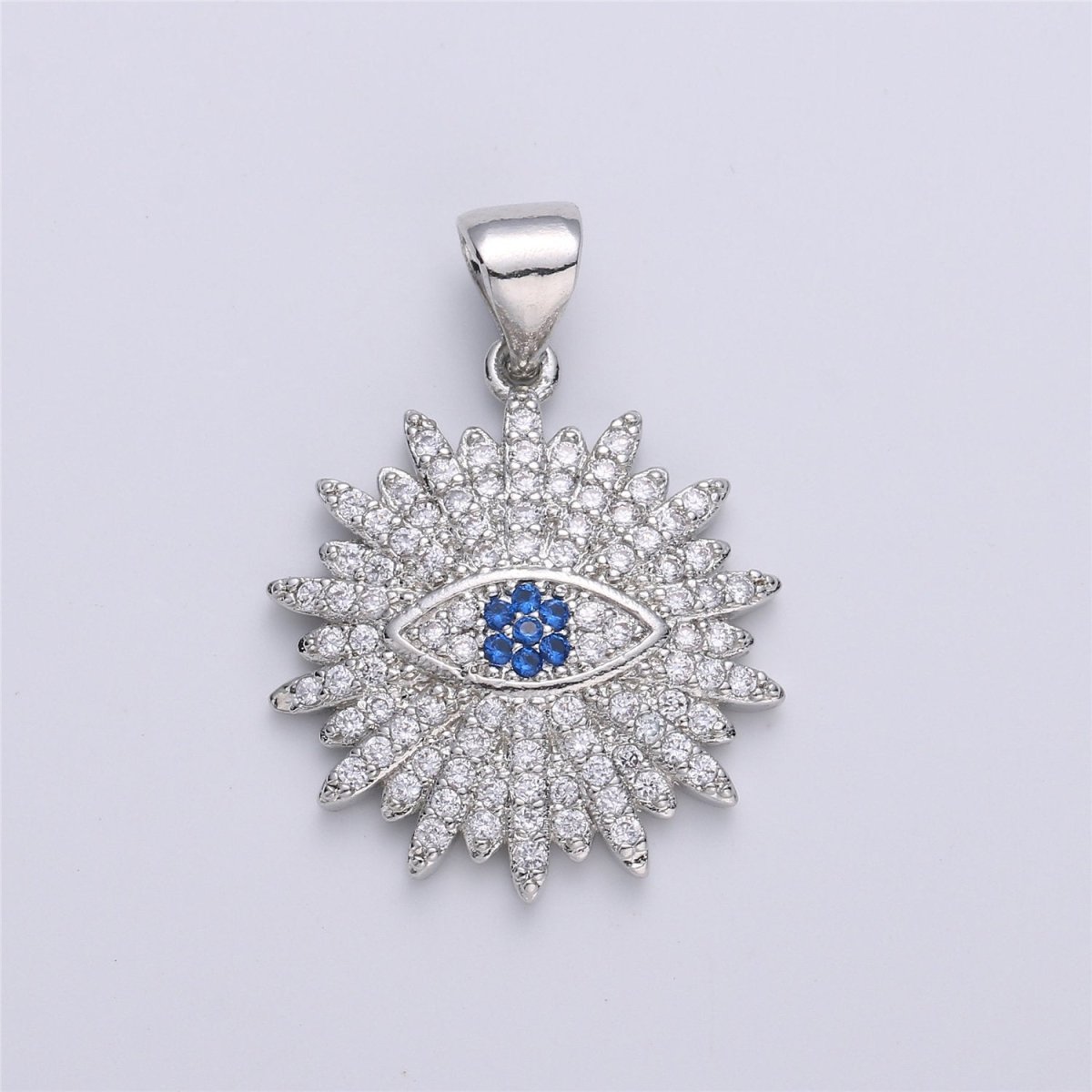 Silver Evil Eye Round Disc Evil Eye Protection Pendant Medallion Coin Charm Micro Pave Sunburst Talisman