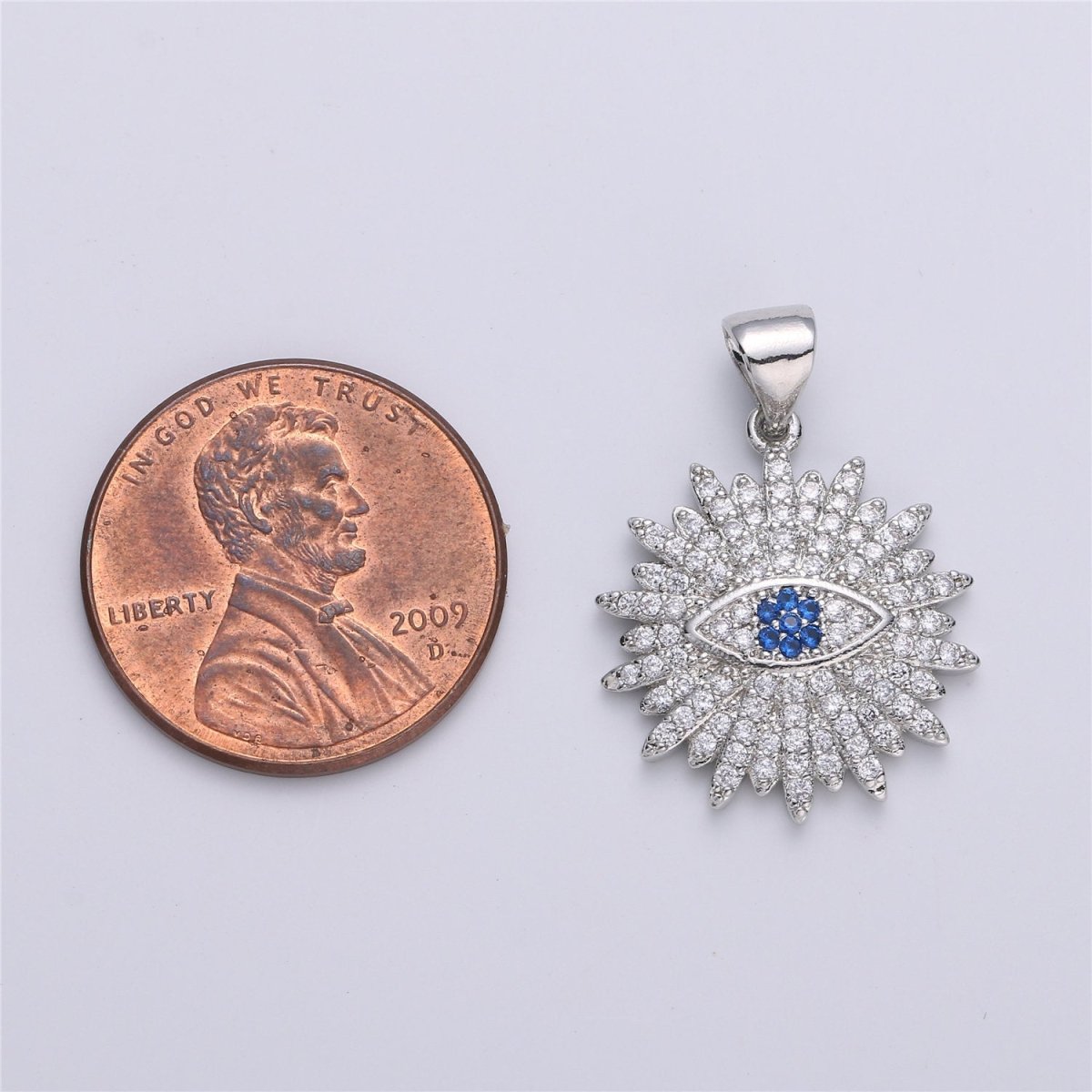Silver Evil Eye Round Disc Evil Eye Protection Pendant Medallion Coin Charm Micro Pave Sunburst Talisman
