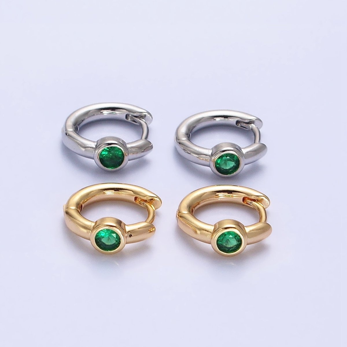 Silver or Gold Round Green CZ 12mm Cartilage Huggie Earrings