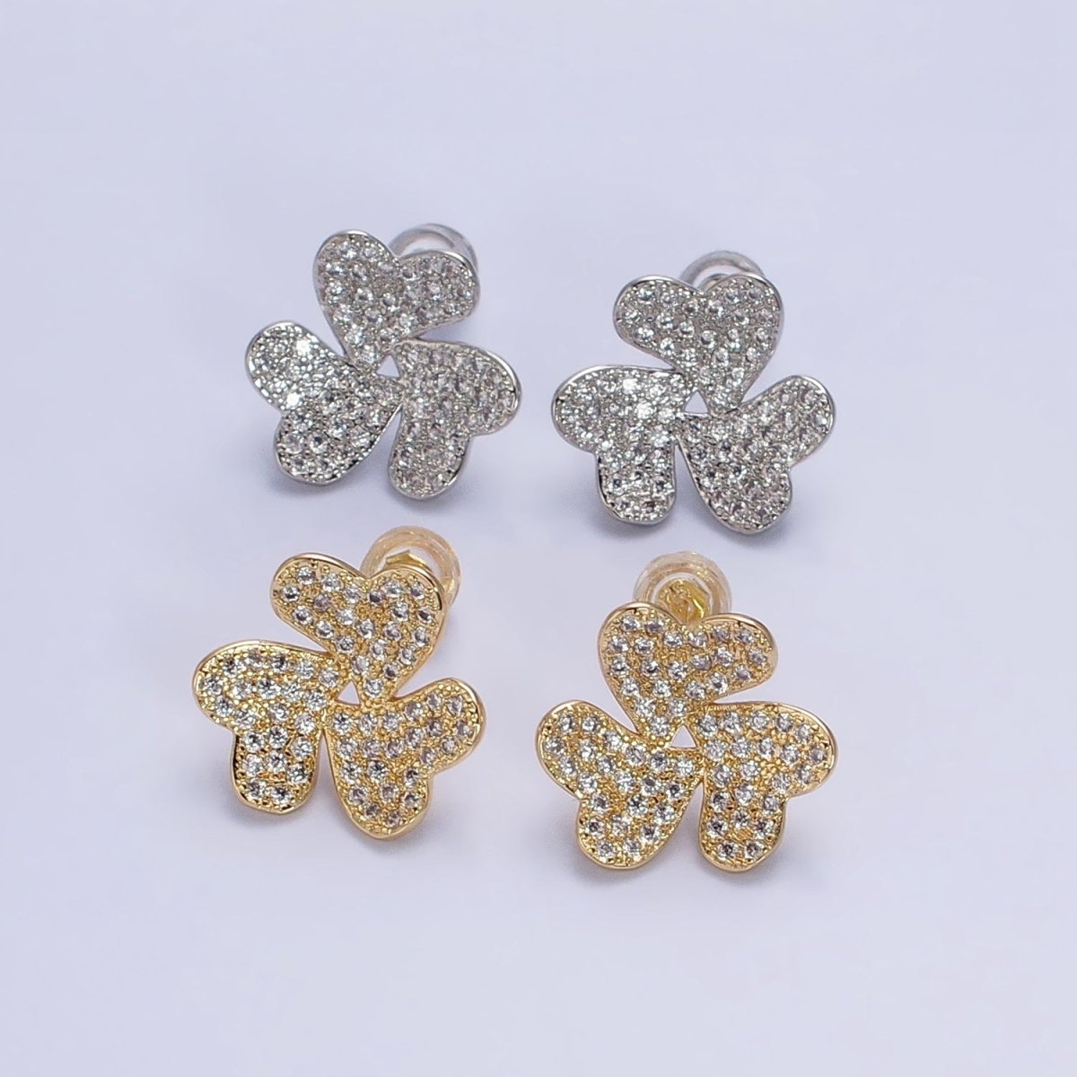 Silver, Gold Triple Micro Pave CZ Heart Flower Love Stud Earrings