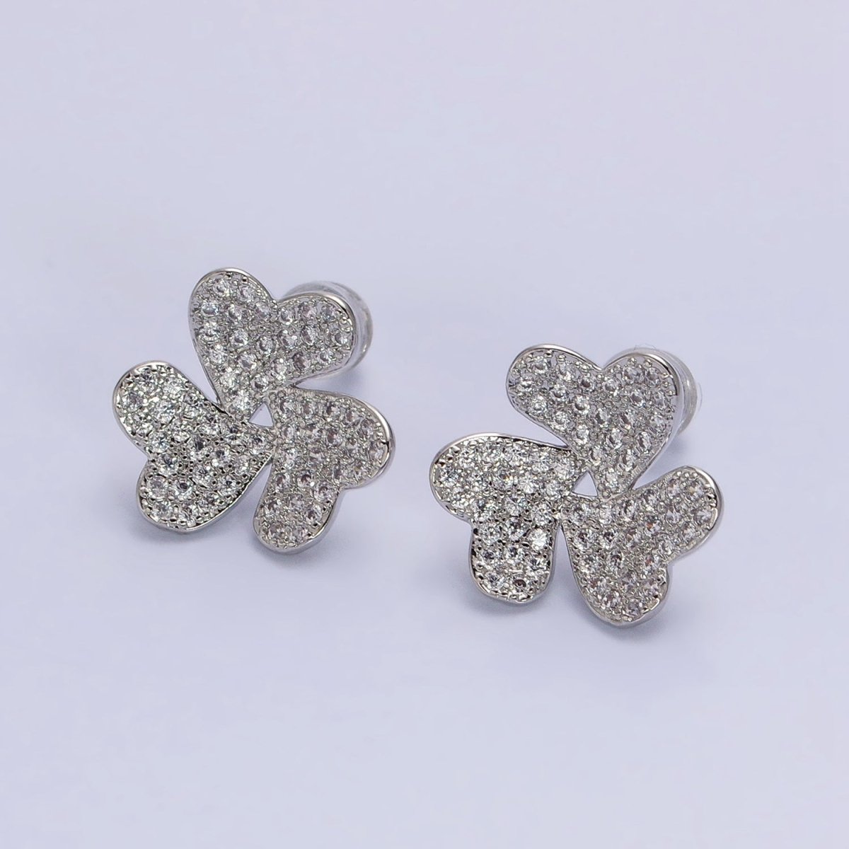 Silver, Gold Triple Micro Pave CZ Heart Flower Love Stud Earrings