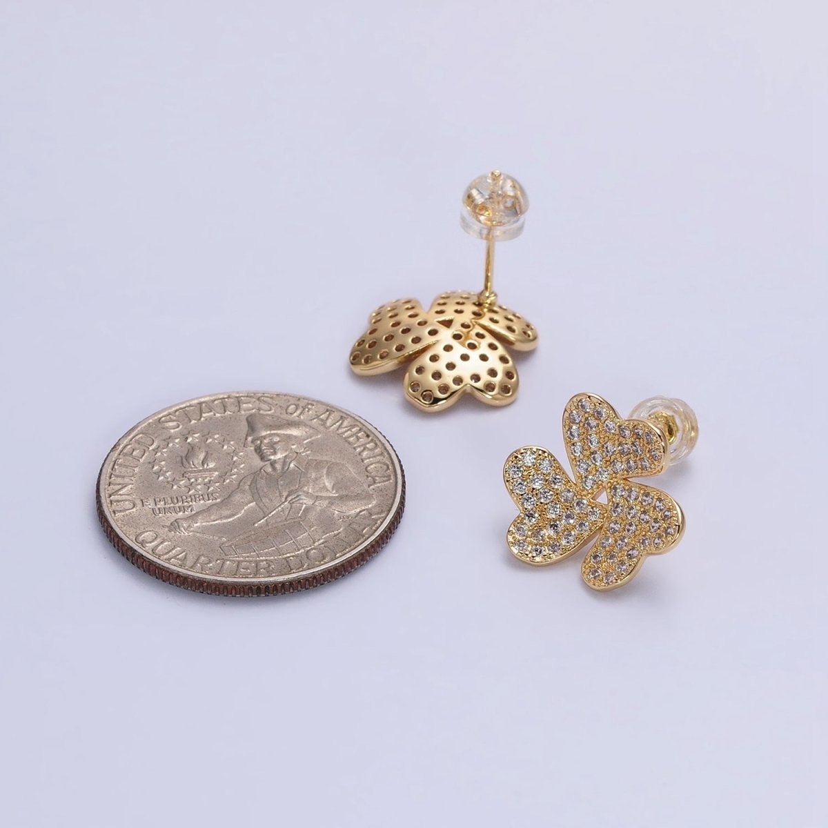 Silver, Gold Triple Micro Pave CZ Heart Flower Love Stud Earrings