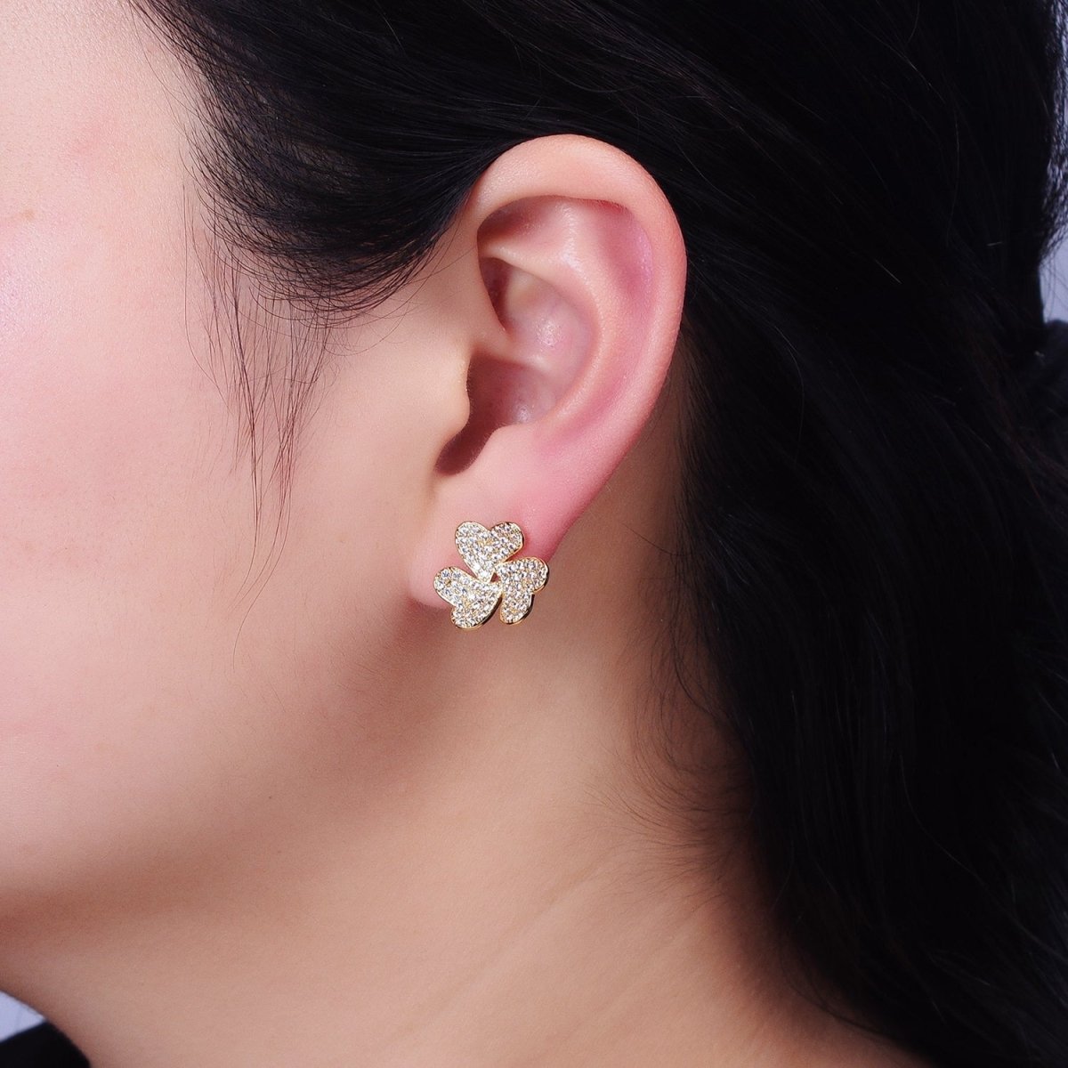 Silver, Gold Triple Micro Pave CZ Heart Flower Love Stud Earrings