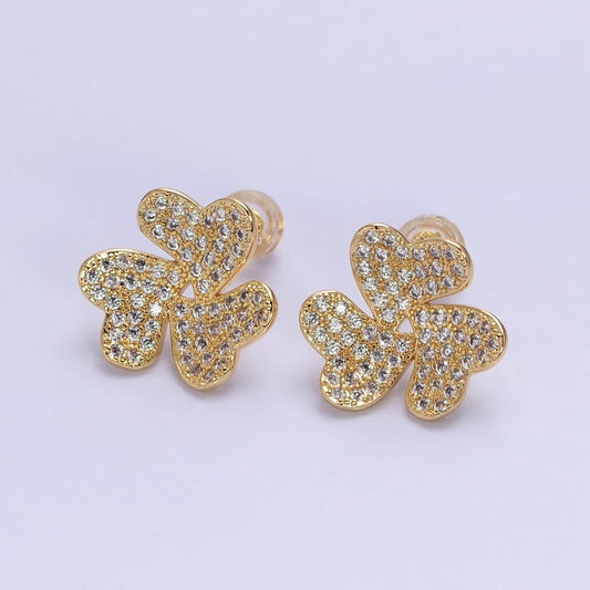 Silver, Gold Triple Micro Pave CZ Heart Flower Love Stud Earrings