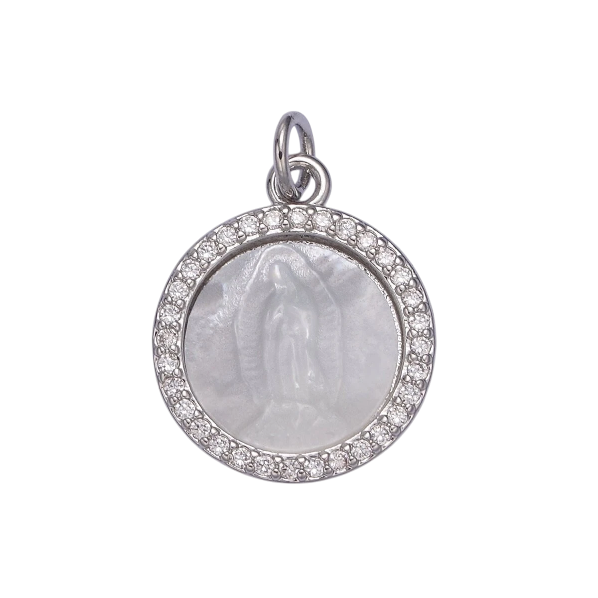 Silver Mother of Pearl Virgin Mary, CZ Micro Pave Charm Pendant, Shell Virgin Mary Round Charm