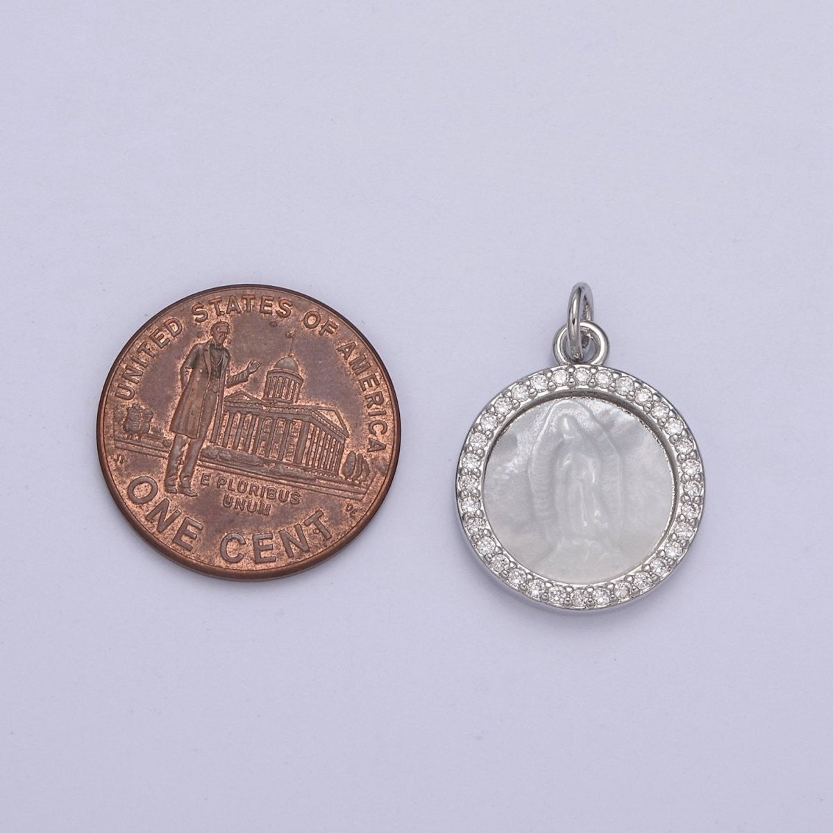 Silver Mother of Pearl Virgin Mary, CZ Micro Pave Charm Pendant, Shell Virgin Mary Round Charm