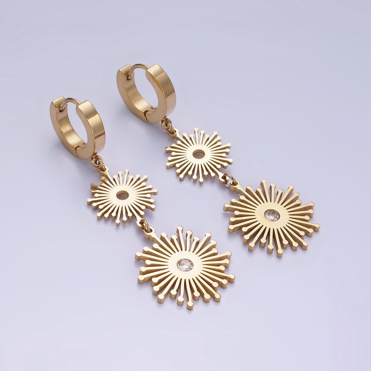Stainless Steel 50mm Celestial Sun Ray CZ Double Drop Huggie Earrings