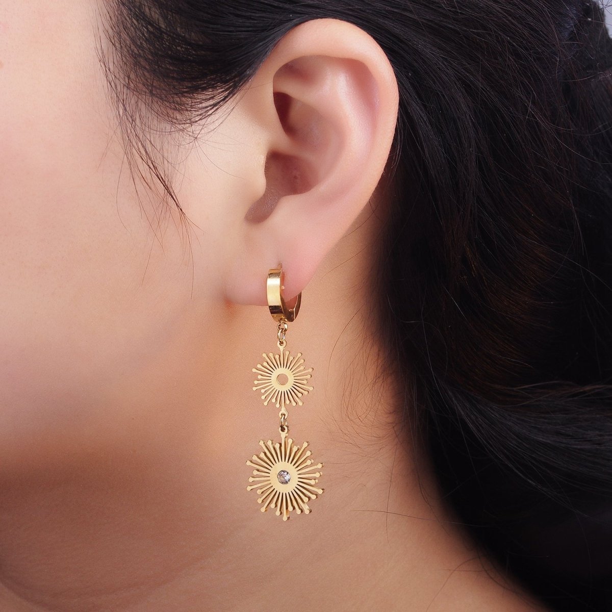 Stainless Steel 50mm Celestial Sun Ray CZ Double Drop Huggie Earrings