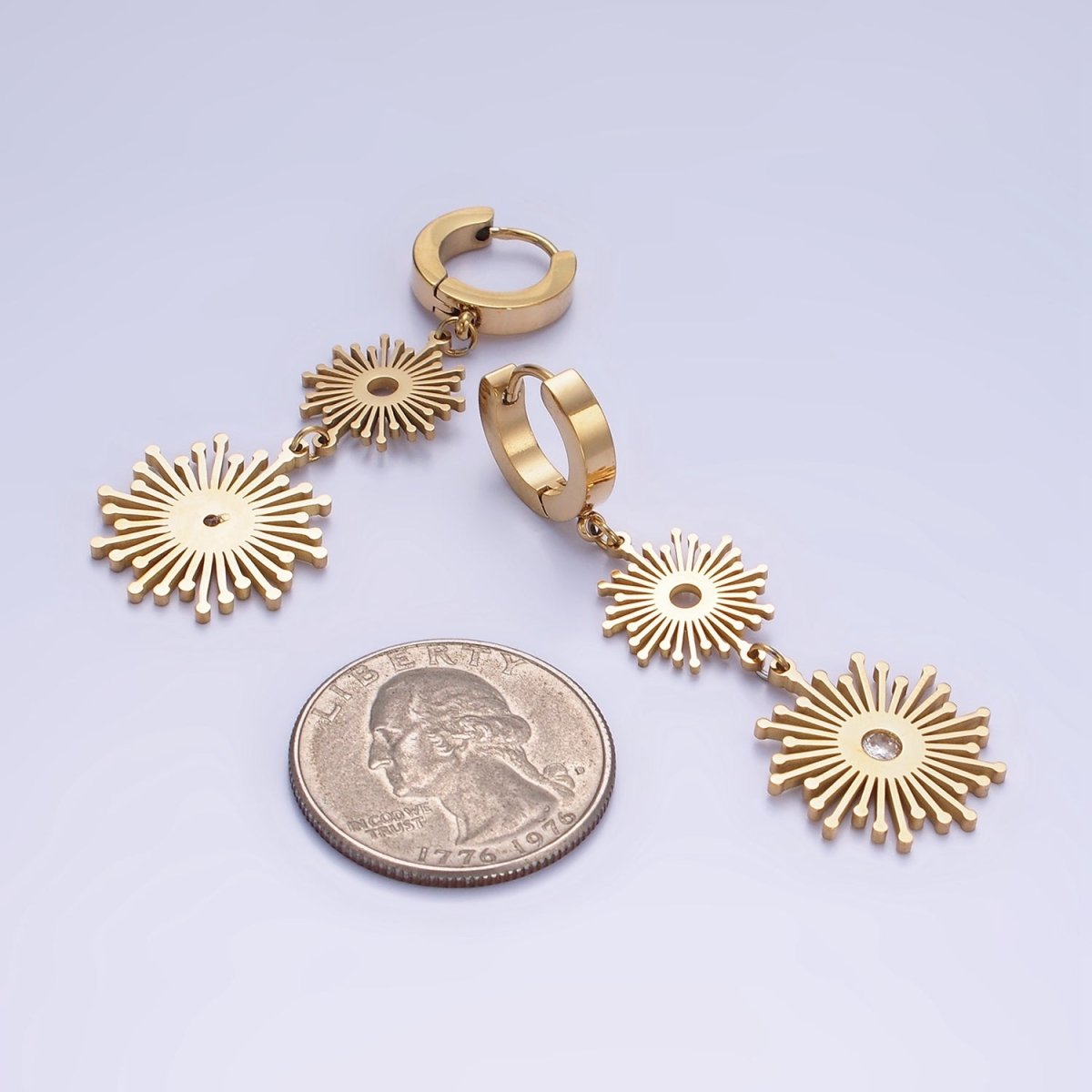 Stainless Steel 50mm Celestial Sun Ray CZ Double Drop Huggie Earrings