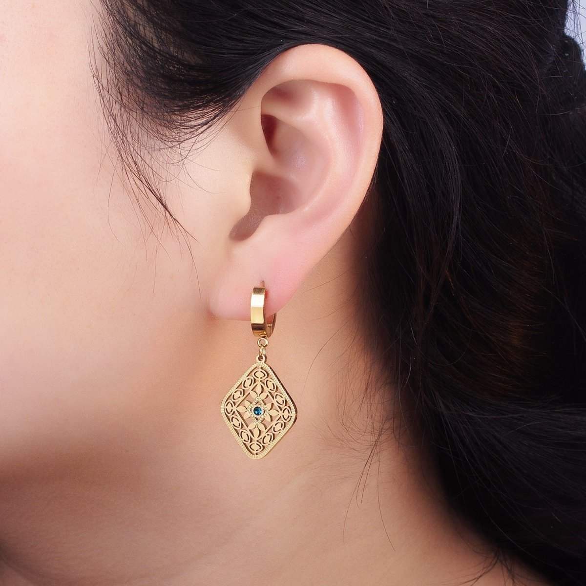 Stainless Steel Blue CZ Flower Filigree Rhombus Drop Huggie Earrings in Gold & Silver