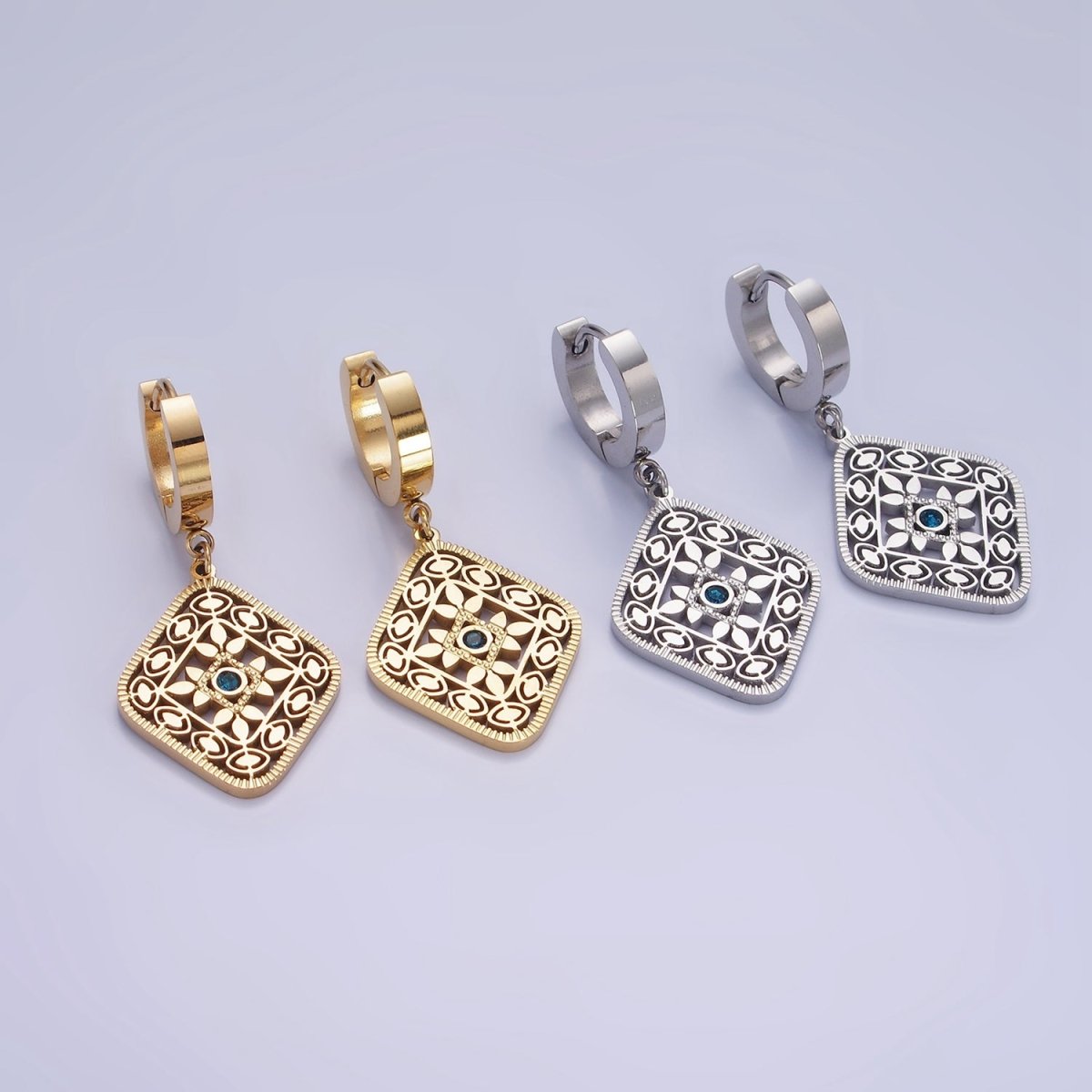 Stainless Steel Blue CZ Flower Filigree Rhombus Drop Huggie Earrings in Gold & Silver