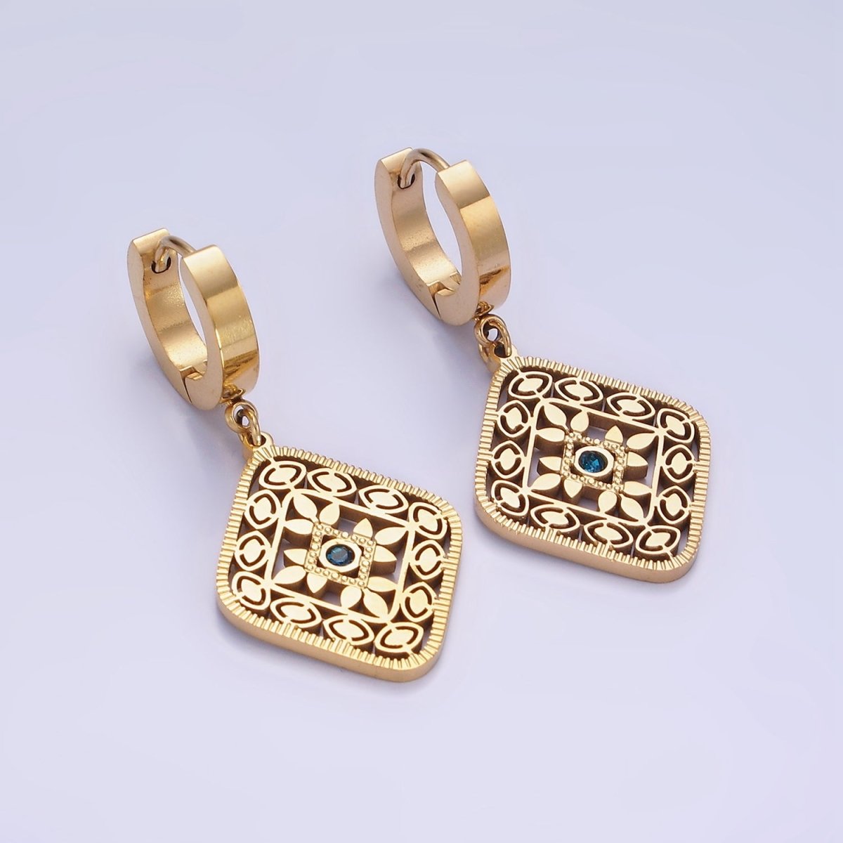 Stainless Steel Blue CZ Flower Filigree Rhombus Drop Huggie Earrings in Gold & Silver