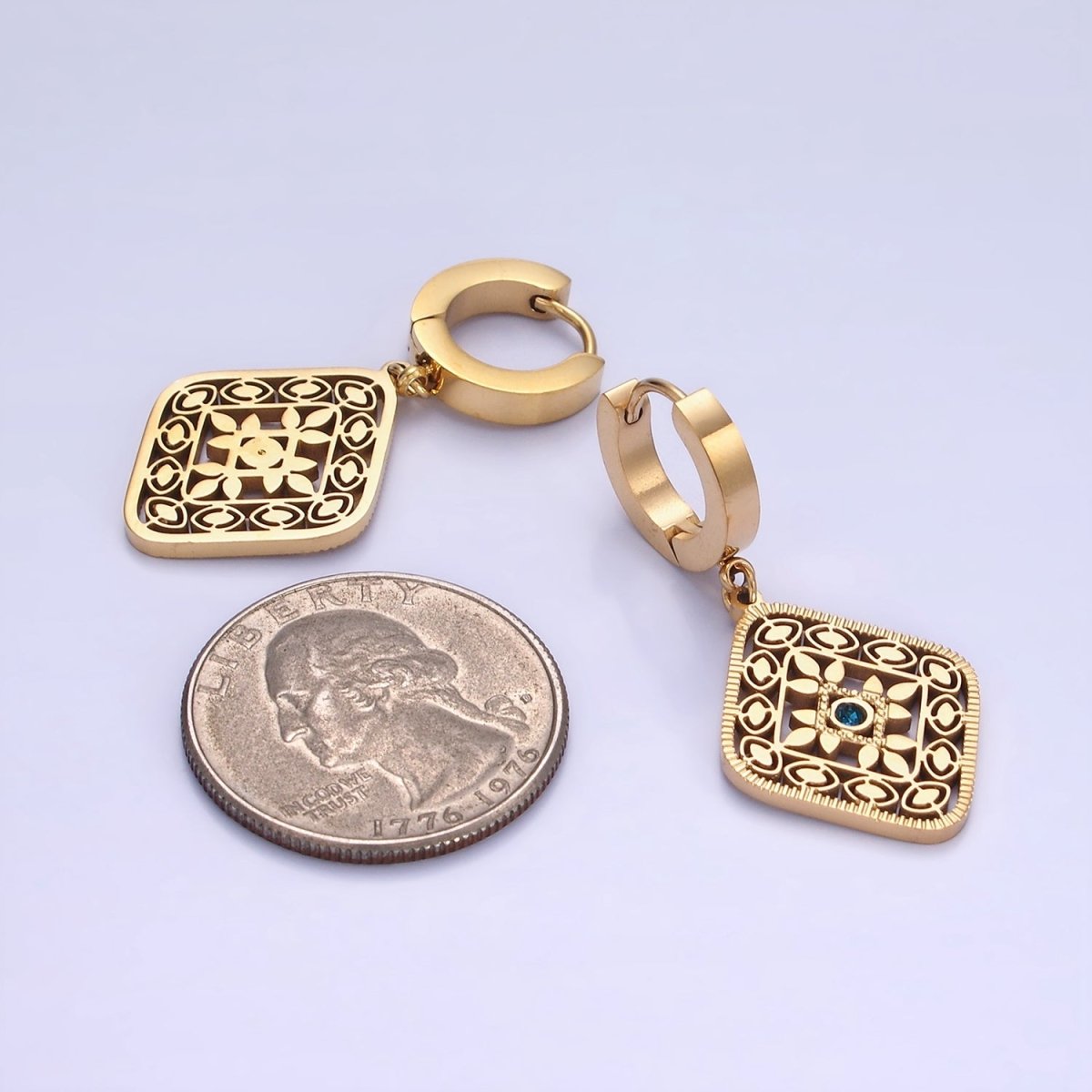 Stainless Steel Blue CZ Flower Filigree Rhombus Drop Huggie Earrings in Gold & Silver