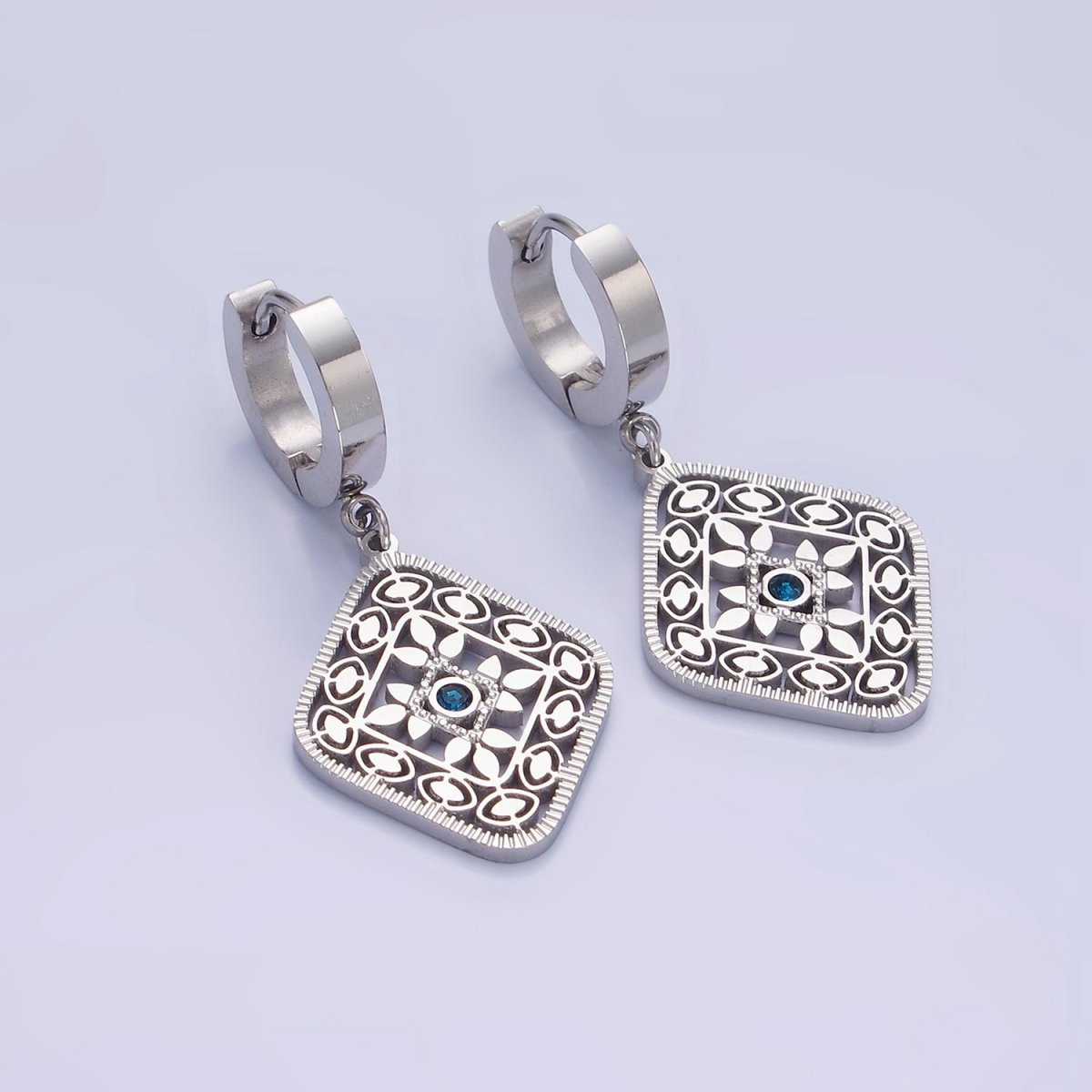 Stainless Steel Blue CZ Flower Filigree Rhombus Drop Huggie Earrings in Gold & Silver