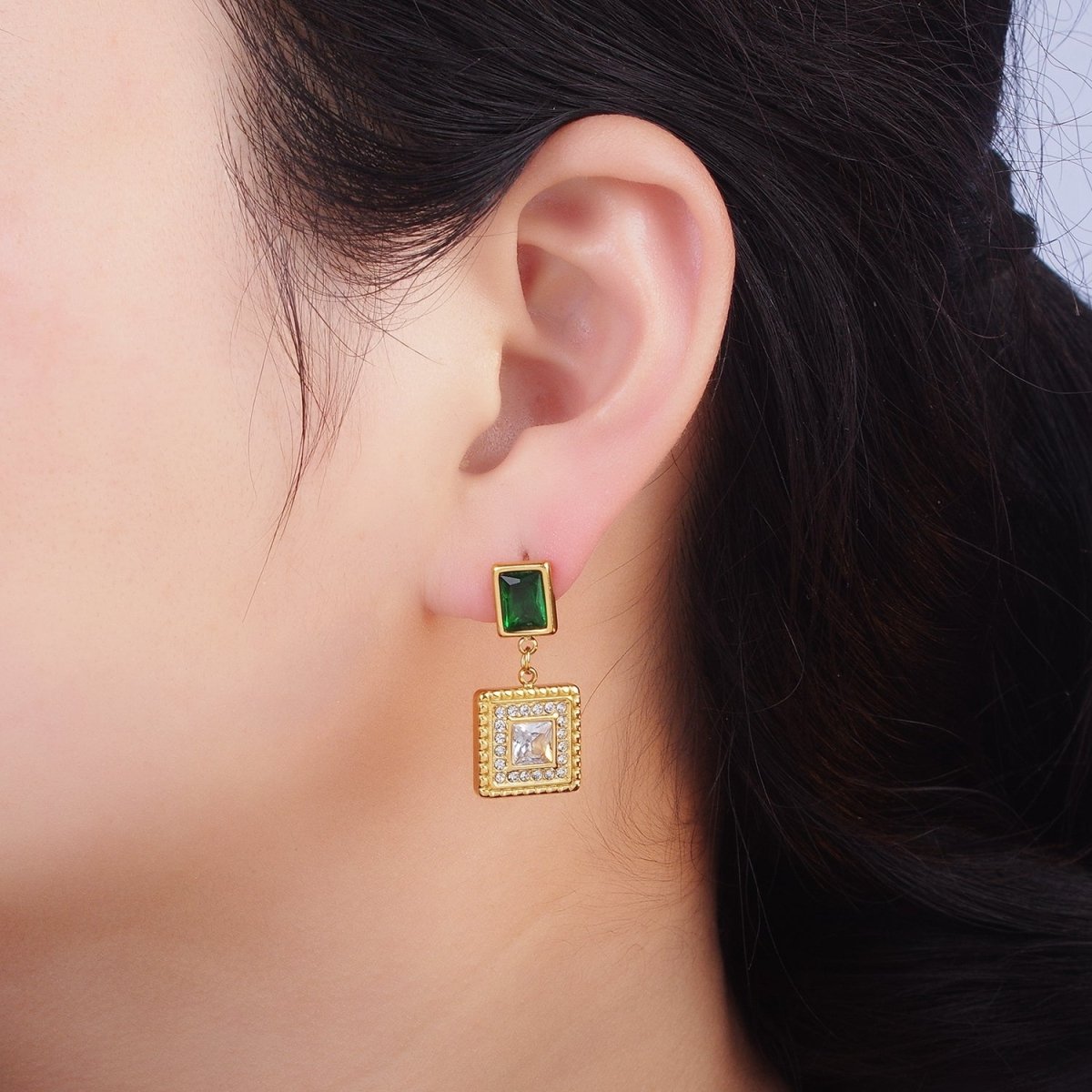 Stainless Steel Clear CZ Micro Pave Dotted Square Green Baguette Drop Stud Earrings
