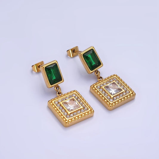 Stainless Steel Clear CZ Micro Pave Dotted Square Green Baguette Drop Stud Earrings