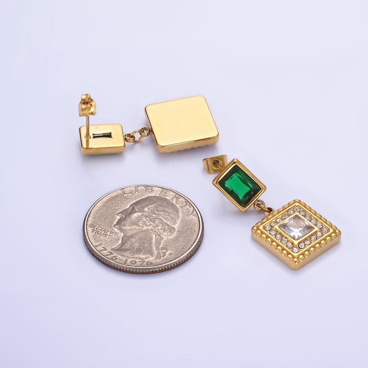 Stainless Steel Clear CZ Micro Pave Dotted Square Green Baguette Drop Stud Earrings