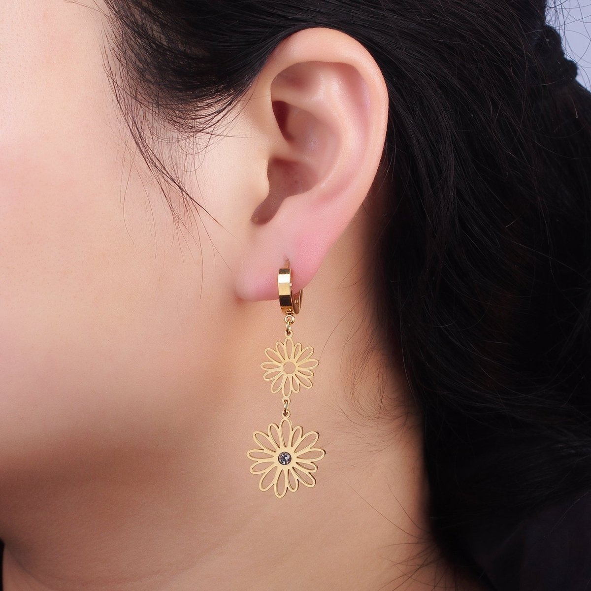 Stainless Steel Double Open CZ Nature Flower Petal Lined Drop Huggie Earrings