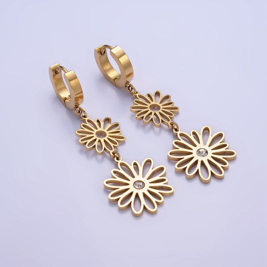 Stainless Steel Double Open CZ Nature Flower Petal Lined Drop Huggie Earrings