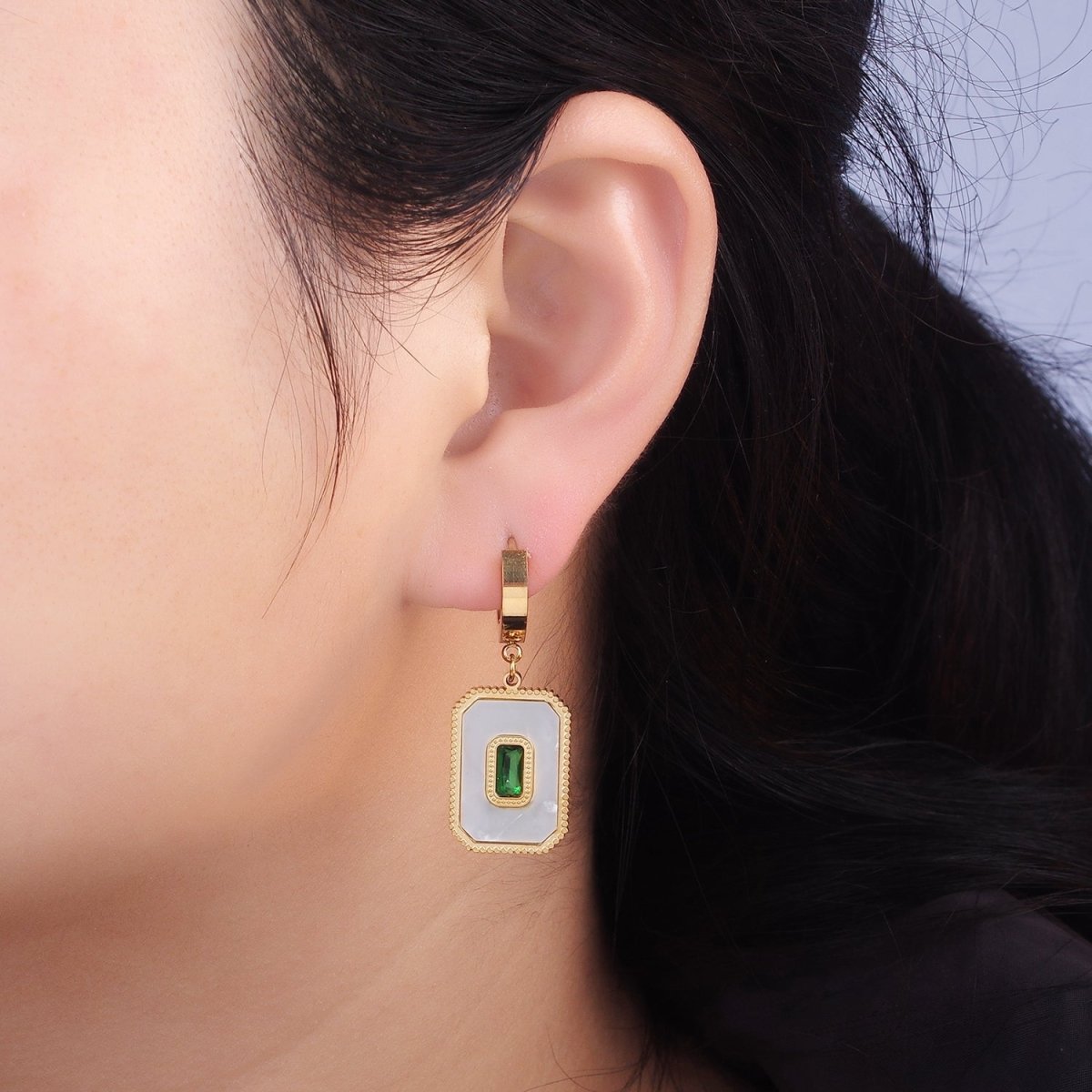 Stainless Steel Green Baguette Shell Pearl Rectangular Tag Drop Huggie Earrings