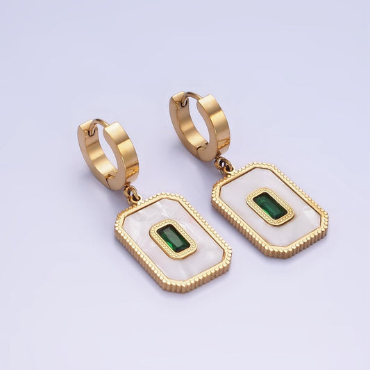 Stainless Steel Green Baguette Shell Pearl Rectangular Tag Drop Huggie Earrings