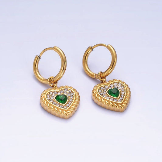 Stainless Steel Green Heart CZ Micro Pave Croissant Heart Drop Huggie Earrings