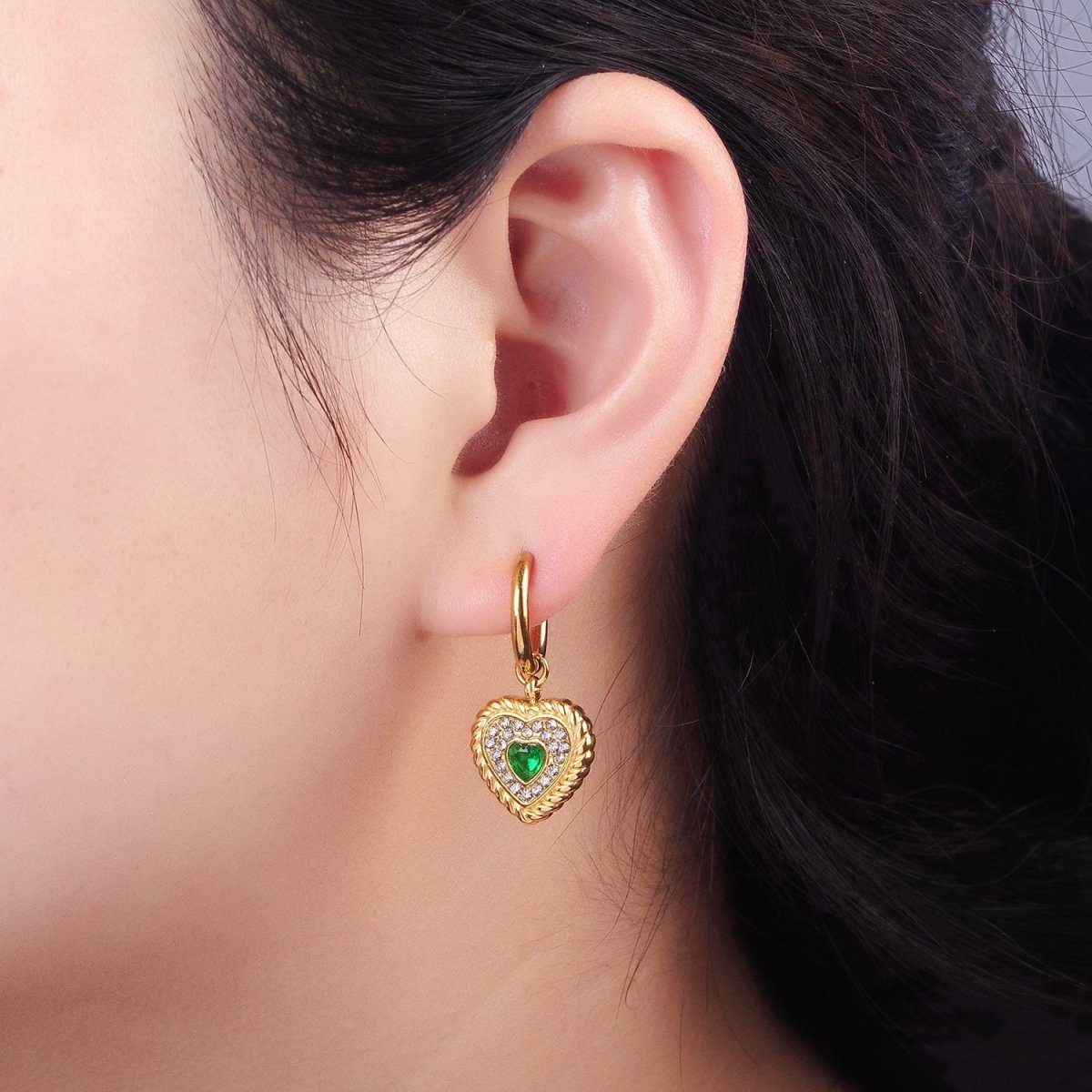 Stainless Steel Green Heart CZ Micro Pave Croissant Heart Drop Huggie Earrings